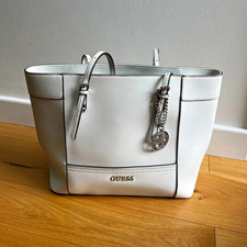 GUESS White Faux Leather Tote Bag, Zip Closure, Inner Pockets, Dust Bag Charm