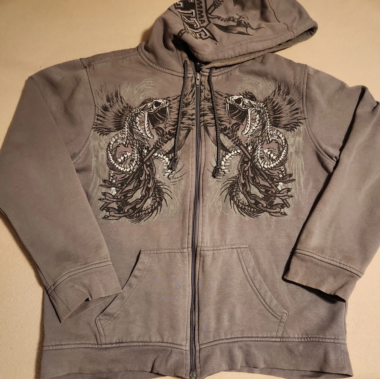 MMA Elite Thermal Lined Zip Up Hoodie Sweatshirt Y2K Skeleton Snakes
