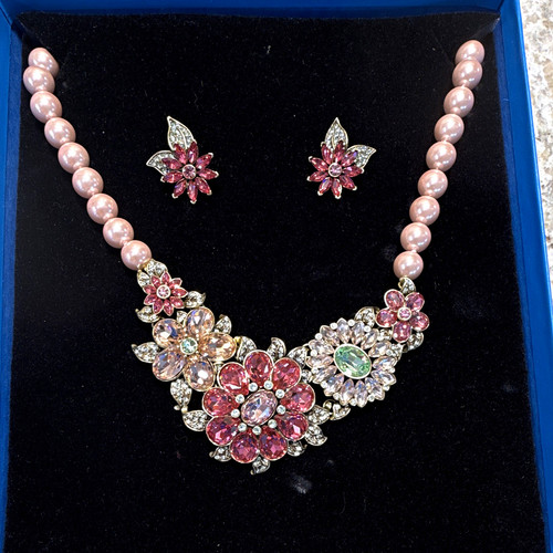 Heidi Daus Signed Jewelry Set Necklace & Earrings Pink Flower Round Crystal