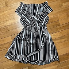 oasis black white striped wrap dress frill neckline tea dress size 12 monochrome