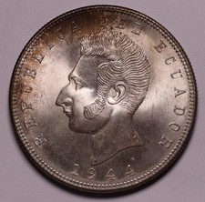1944 Mo Ecuador Silver 5 Sucres Coin KM# 79 Lustrous Unc