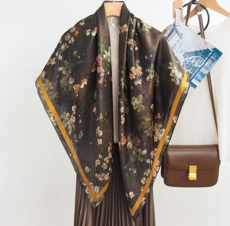 100% Silk Square Scarf Neckerchief Bandanna Women Wrap floral Print 110X110cm