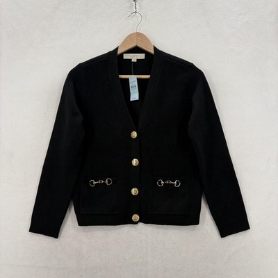LOFT Cardigan Sweater Womens XS Petite Black V Neck Gold Button Bit Pockets NWT