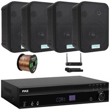 Pyle ARC Sound Home Receiver, 4x 6.5'' 500W Indoor/Outdoor Black Speakers W/ Mic