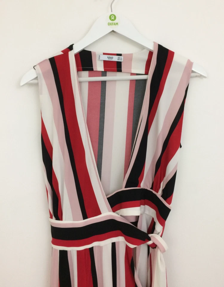 Mono para mujer Mango talla S rojo negro blanco a rayas cintura lazos cuello en V usado F1 Foto 2 de 4