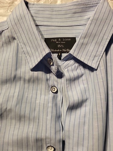 EuC Rag & bone striped shirt blue Cotton Linen 15 1/2 Handmade In New York - Picture 3 of 12