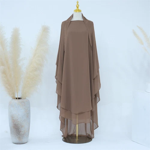 Two Layers Muslim Ramadan Women Large Khimar Hijab Niqab Burqa Tops Kaftan Dress