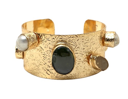 Gorgeous Gold Tone Cuff Bracelet Green Glass, with Druzy, Quartz & Pearl - Picture 5 of 9