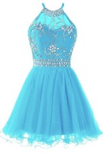 Ellames Women's Beaded Halter Formal Prom Dress Short Blue Tulle Size 4 NEW Tags