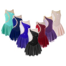 Kids Girls Soft Bodysuit Rhinestone Decorated Round Neckline Dance Costume