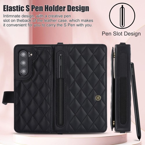 Luxury Grid Leather Wallet Handy Pen Holder Case Cover For Samsung Z Fold Phone - Picture 11 of 62