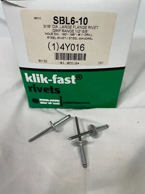 Box of 250 Marson Klik-Fast SBL6-10 3/16 Large Flange Steel Rivets .192-.196