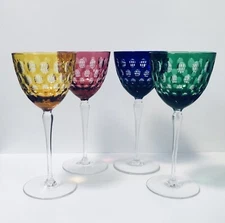 Set 4 Ajka Anita Blue Pink Yellow Green Cut To Clear Crystal Wine Glasses