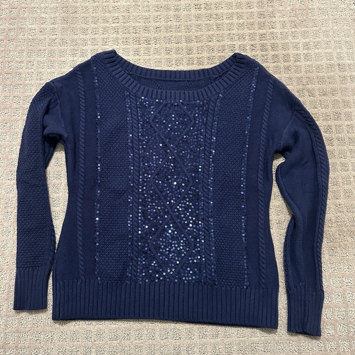 Navy Blue Knit Cotton Long Sleeve Sweater Sequin Sparkle Womens Medium M