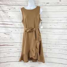 Calvin Klein Dress Women’s 12 Brown Ruffled Tulip-Hem Sleeveless Tie Waist New