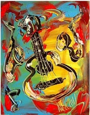 GUITAR MUSIC  IMPRESSIONIST LARGE ORIGINAL  CANVAS PAINTING -  vrTVTV