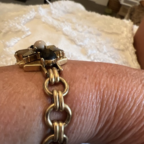 J CREW schweres goldfarbenes Tonbeige und schwarzes Strass Blume Armband markiert. Gebraucht - Bild 5 von 7