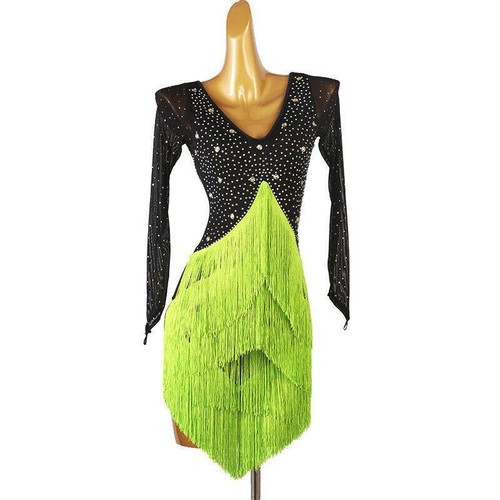 Latin Salsa Tango Cha Cha Ballsaal Strass Wettbewerb Tanzkleid Quasten - Bild 17 von 17