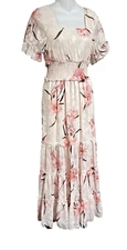Baltic Born Maxi Dress Gown Short Sleeve Tiered Floral Pink Smocked waist   S