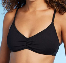 Shade  Shore Women's Shirred Ribbed Bralette Bikini Top Black Size Large 12-14