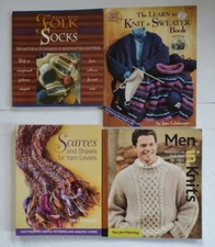 KNITTING PATTERN BOOK LOT (4) ~ SOCKS, LEARN HOW, SCARVES, SWEATERS, FOR MEN