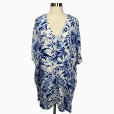 H&M Womens XS/S Blue Floral Dress Coverup Beach 100% Rayon Oversized Resort
