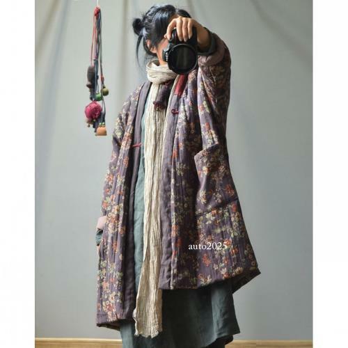 Pastoral Style Womens Long Quilted Jacket Oversize Cotton Robe Patchwork Coat L - Picture 6 of 16