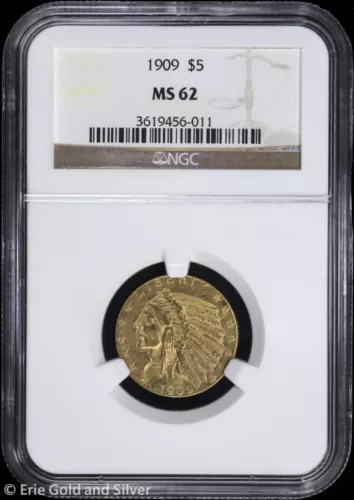 1909 $5 Gold Indian Head Half Eagle NGC MS 62 | Uncirculated UNC
