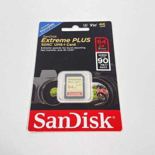 SanDisk Extreme Plus SDXC UHS-1 Card 64GB 4K UHD FRA Neuf sous Blister - Photo 1/2