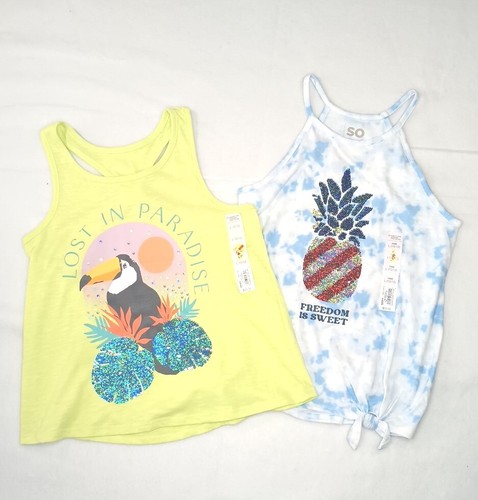 2 New SO Toucan Paradise/ Pineapple Graphic Strappy Tank Top Sequined Sz Large - Picture 4 of 4