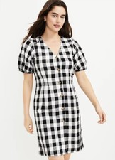 Ann Taylor Loft Womens Dress Gingham Size 2 Button Black White Linen Blend