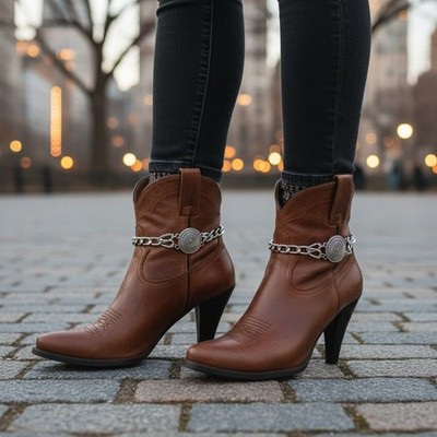 Women Boot Bracelet Silver Metal Chain Shoe Swirl Coin Charm Anklet PAIR USA