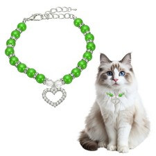 Cat Collar Pearl Necklace 11" Dog Pearl Necklace Collar with Heart Green S