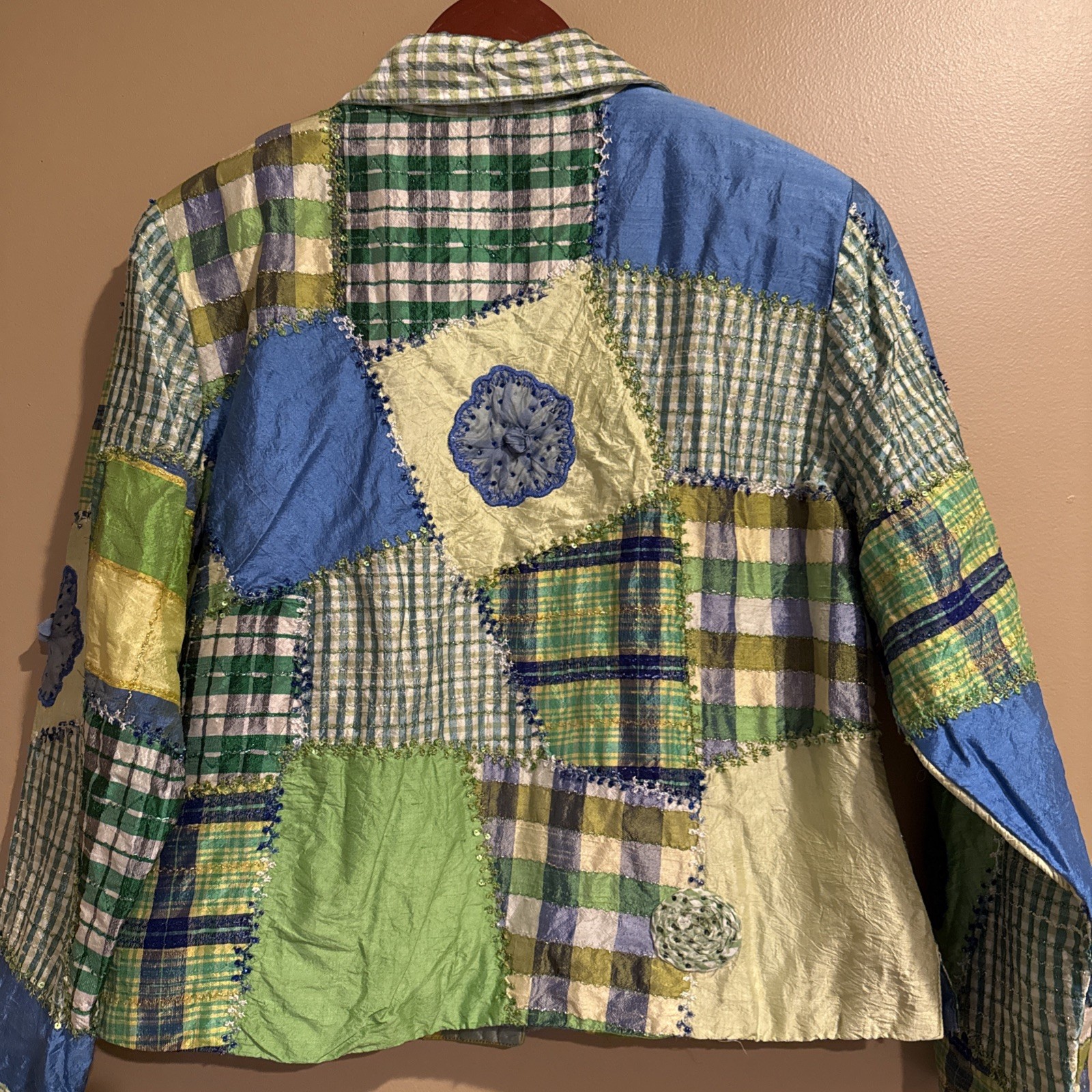 Anage 100% Silk Patchwork Plaid Jacket Womens Siz… - image 7