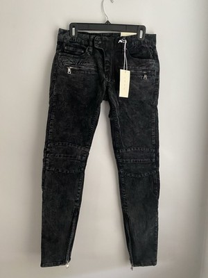 MNML Men's Biker Denim Black Acid Wash Size 29 Slim Fit Ankle Zip NEW