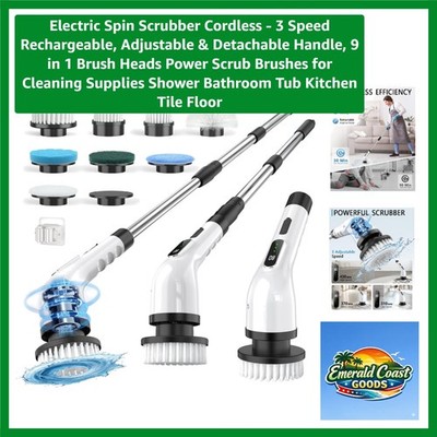 Electric Spin Scrubber Cordless with 3 Speeds & 9 Brush Heads for Efficient C...
