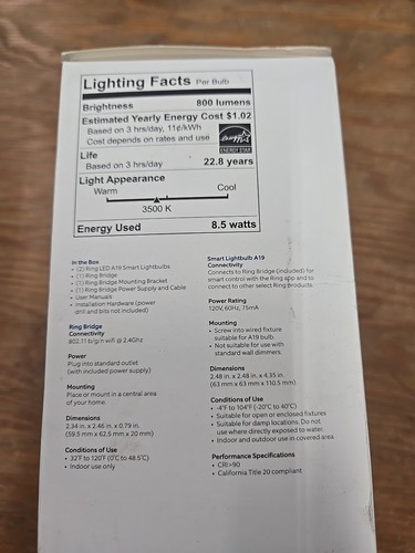 Ring 5AT3X3-WENO Smart LED Lightbulb Two Dimmable Neutral White Indoor/Outdoor - Picture 3 of 6
