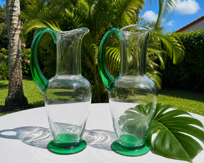 Pair Orrefors Nobel Crystal Pitchers Gunnar Cyrén Swedish Art Glass Green Handle