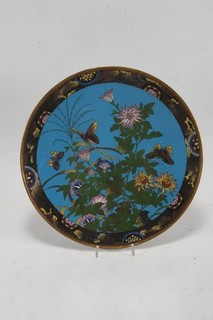 Q72W20 Alter China Cloisonne Teller Wandteller Blumen und Schmetterlinge