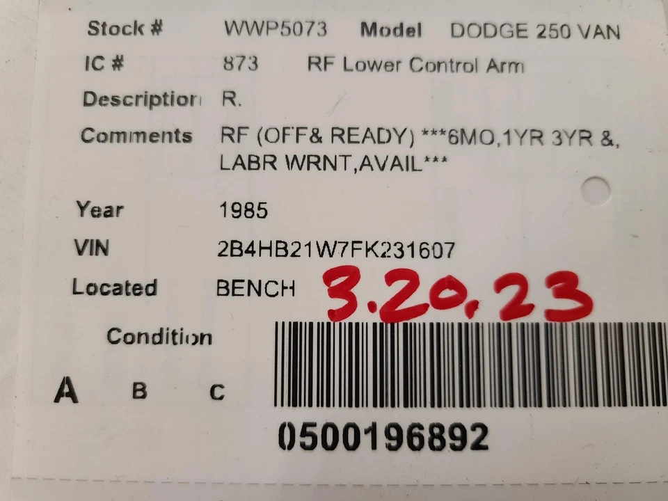 Б/у передний правый нижний нижний рычаг управления передний подходит: 1985 Dodge Dodge 250 van Fr - Изображение 3 из 4