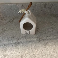 Rae Dunn White Ceramic Cellar Salt Pig Birdhouse Shape Wooden Spoon