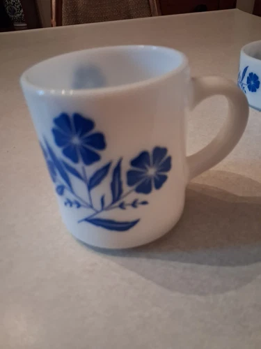 Vintage Hazel Atlas Cornflower Milk Glass Coffee Mug Tea Cup Blue Flowers 1950s