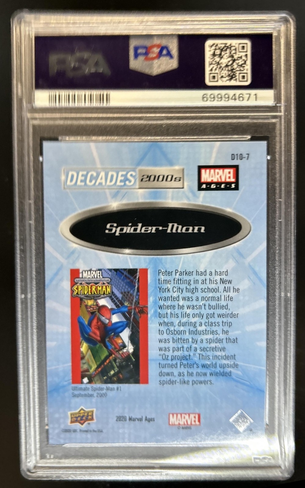 2020 Upper Deck Marvel Ages Spider-Man Decades 2000s #D10-7 PSA 9 view 2