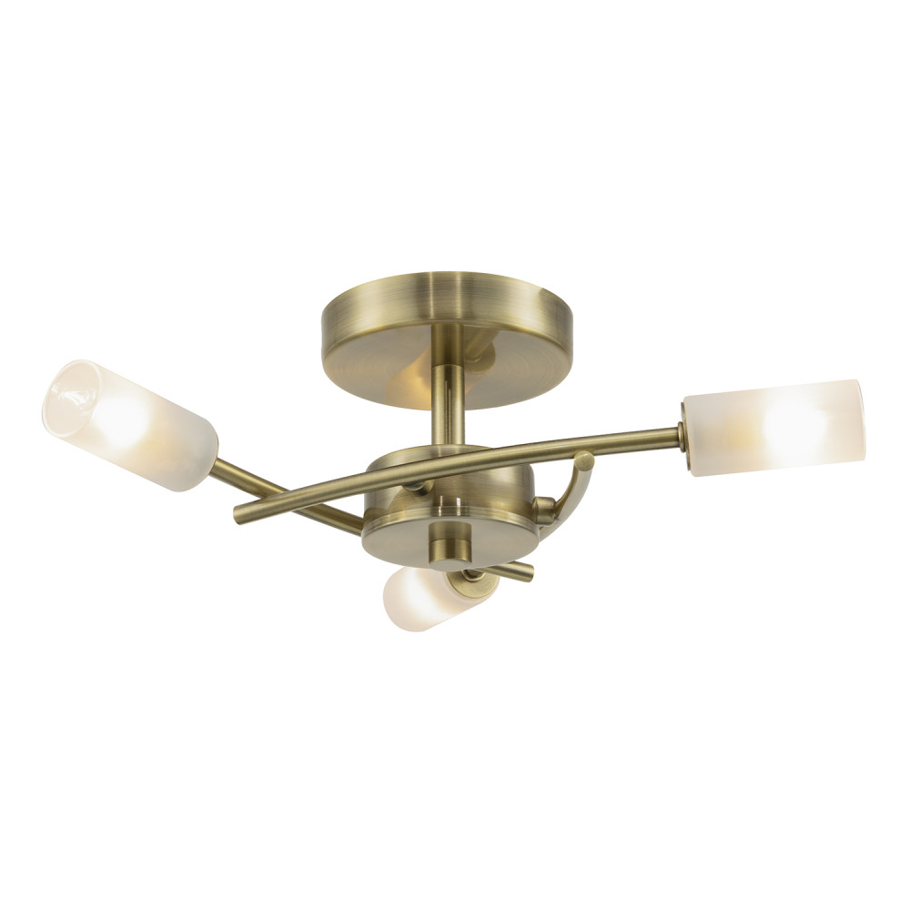Contemporary Designer 3-Arm Antique Brass Ceiling Light with Tubular Shades b...