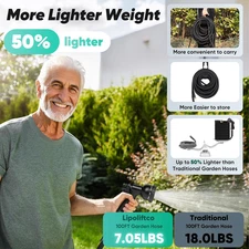 Garden Water Hose Flexible 100Ft Non-Expanding Lightweight with 8 Function Zzle