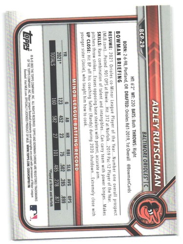 2022 Bowman Adley Rutschman #BCP-29 Chrome Prospects - Bild 2 von 2