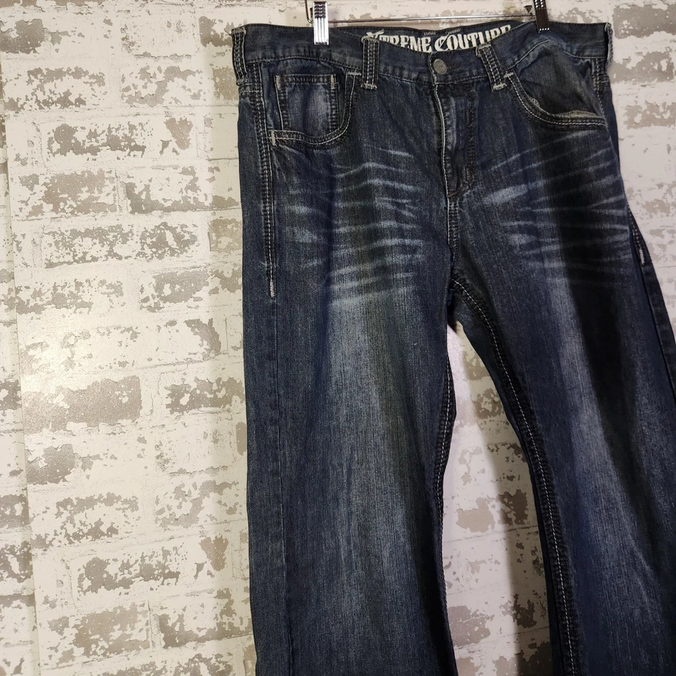 Pantalones de mezclilla vintage Y2K Xtreme Couture para hombre desgastados holgados cruzados góticos 38x32 Foto 4 de 4