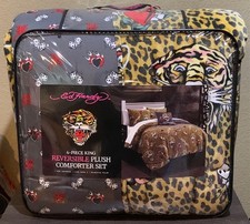 Juego de edredón reversible de felpa Ed Hardy con estampado de leopardo con tigres y corazones KING 4 piezas