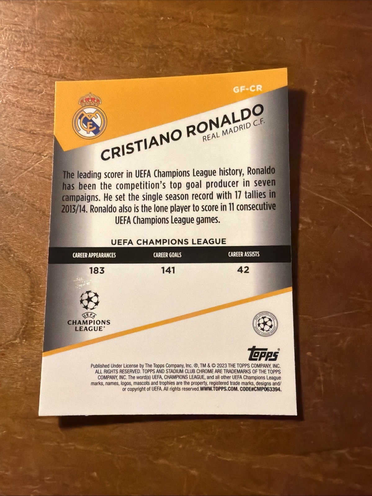 2022-23 Stadium Club Chrome UEFA #GF-CR Cristiano Ronaldo Goal Force # GF-CR view 2