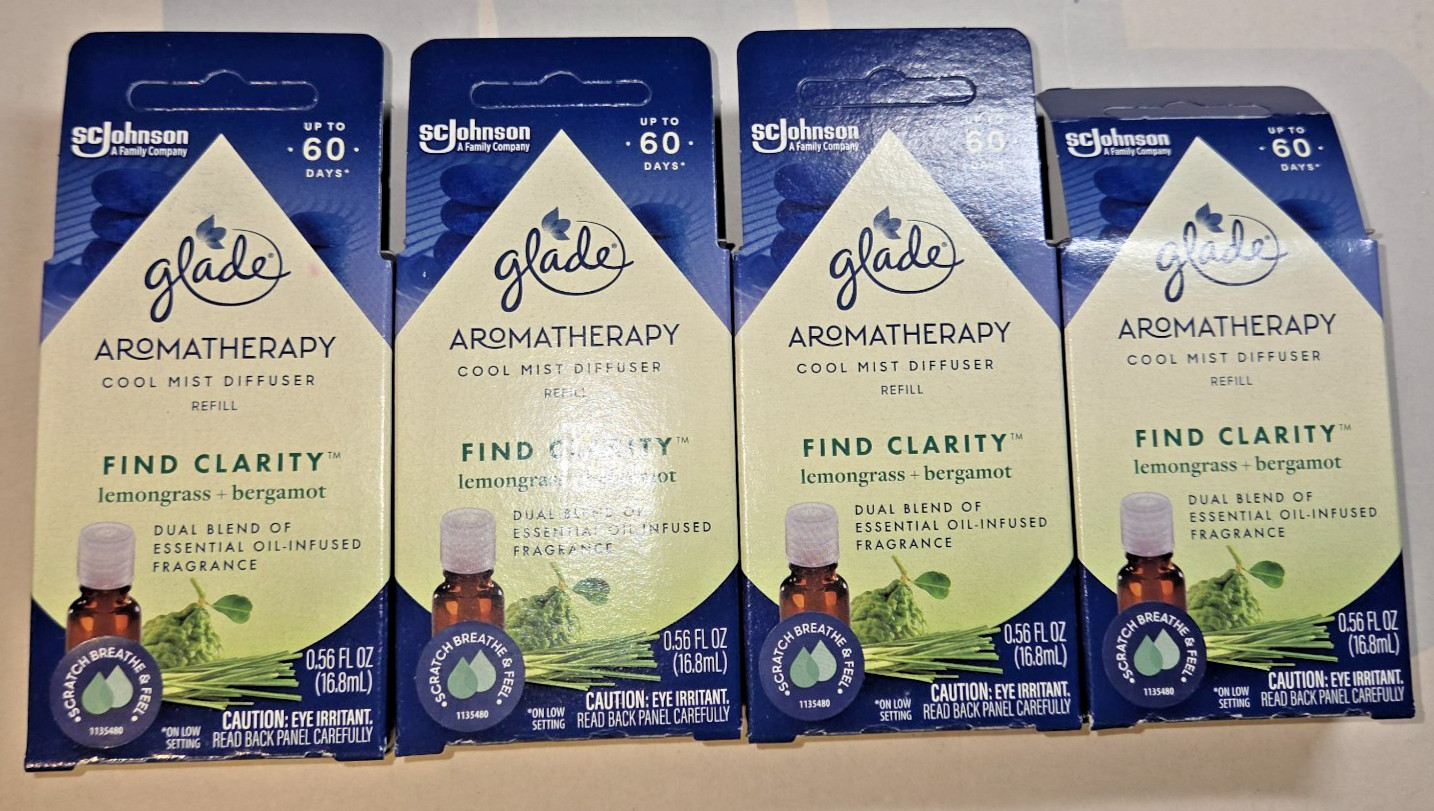 4 Glade Aromatherapy Cool Mist Diffuser Refill FIND CLARITY Lemongrass Bergamot